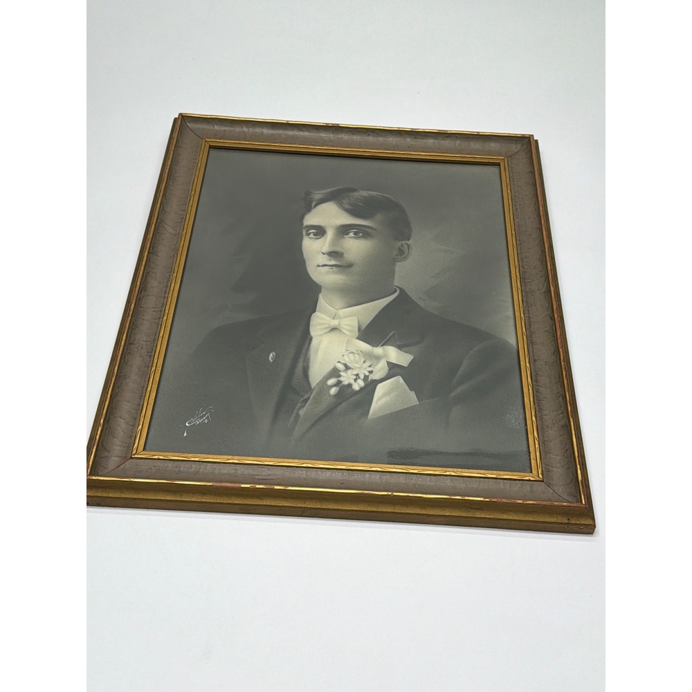 Antique Edwardian Charcoal Portrait Gentleman Formal Tuxedo Gilded Frame 12x16
